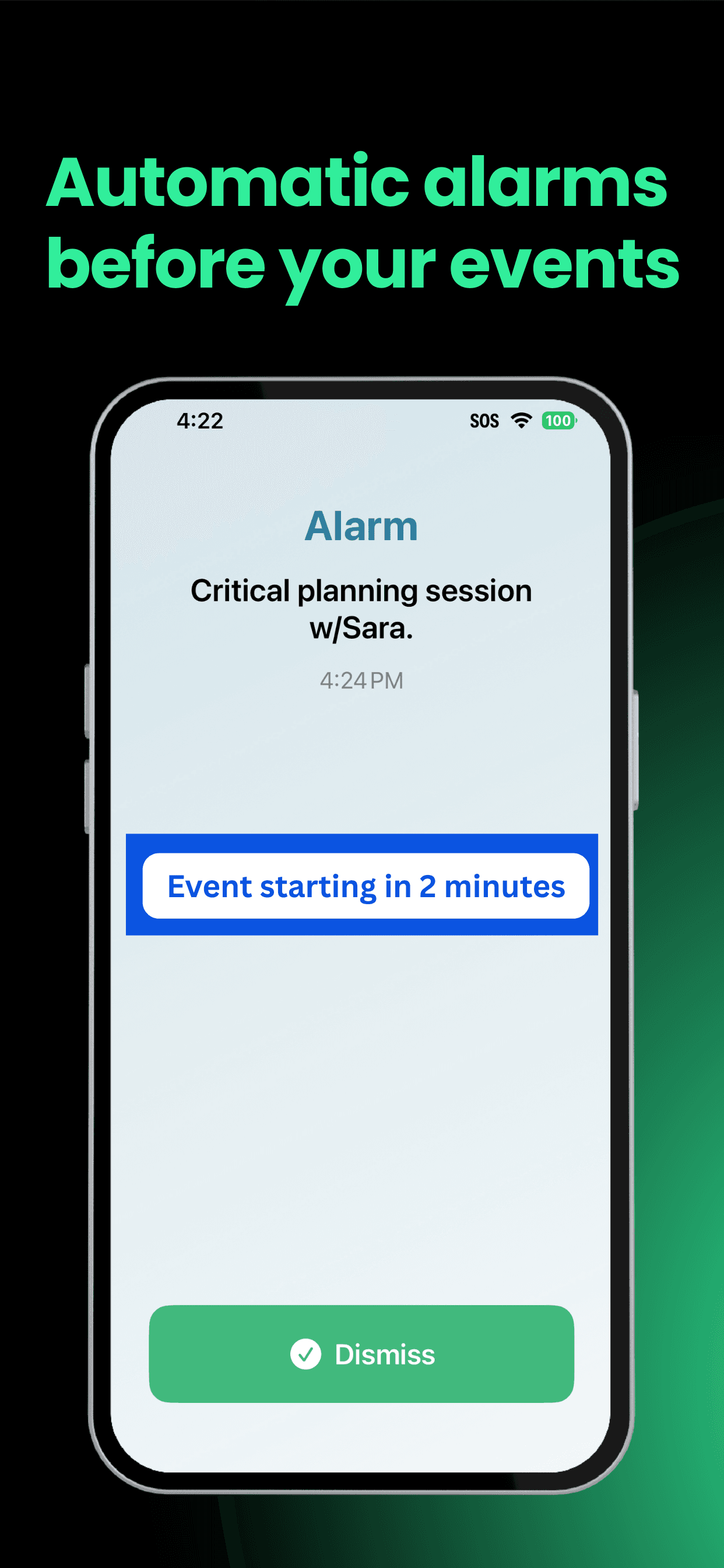OnTimer full-screen alarm for an upcoming calendar event