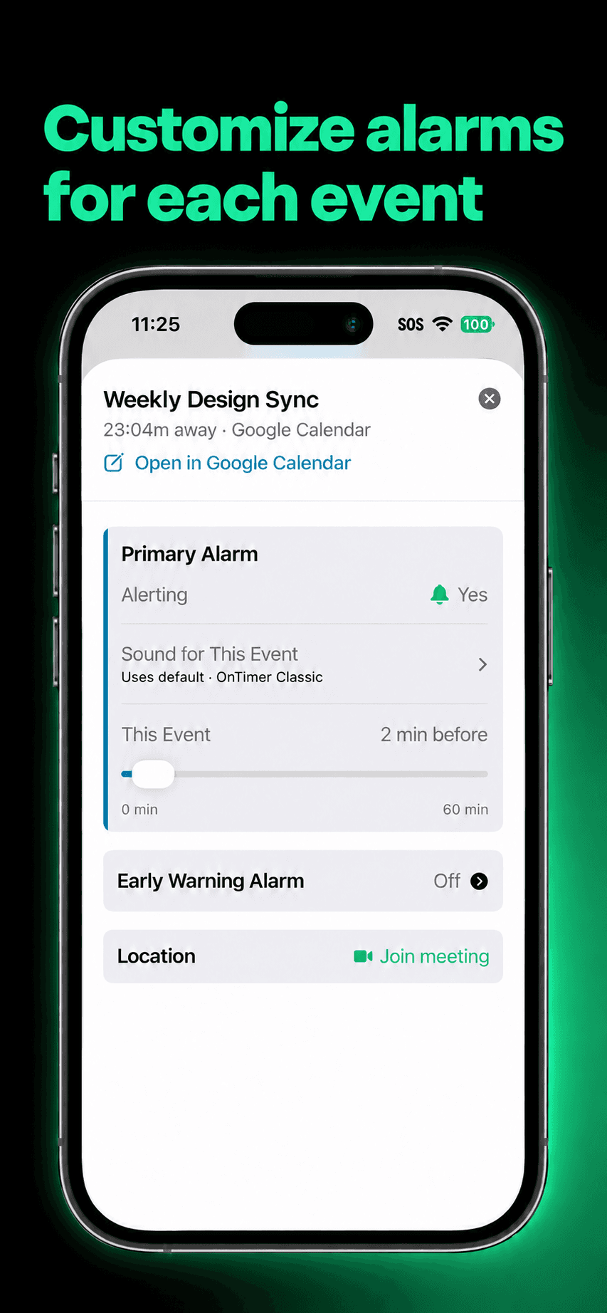 OnTimer Home-screen event card with alarm, sound, timing, Early Warning, and calendar controls